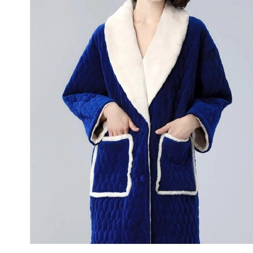 睡袍女冬季法兰绒加厚加绒夹棉宽松复古时尚浴袍可外穿法式睡袍