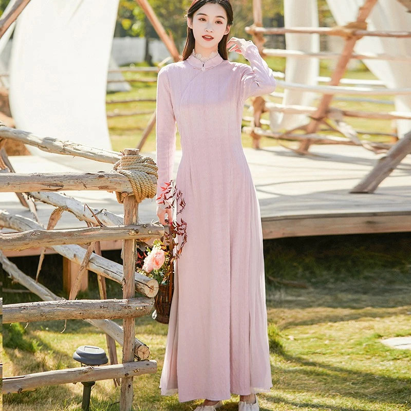 苏幕2024秋冬中国风改良奥黛显瘦针织气质旗袍茶服飘逸仙气连衣裙