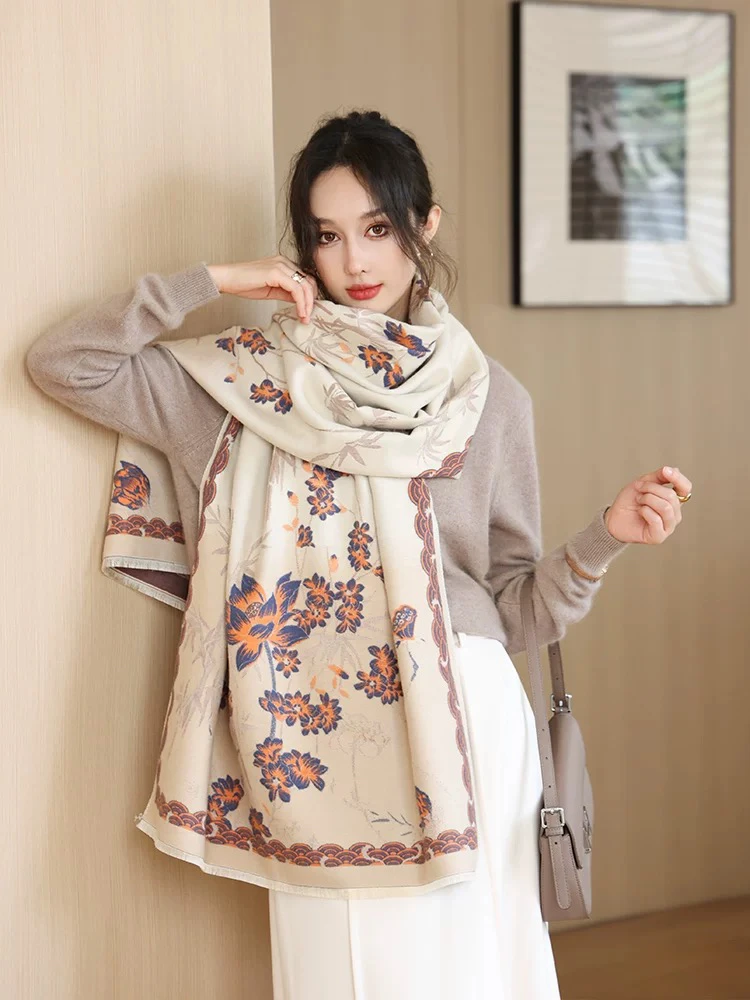 高级感〖节节高花朵〗围巾女双面仿羊绒百搭加厚保暖披肩70×180