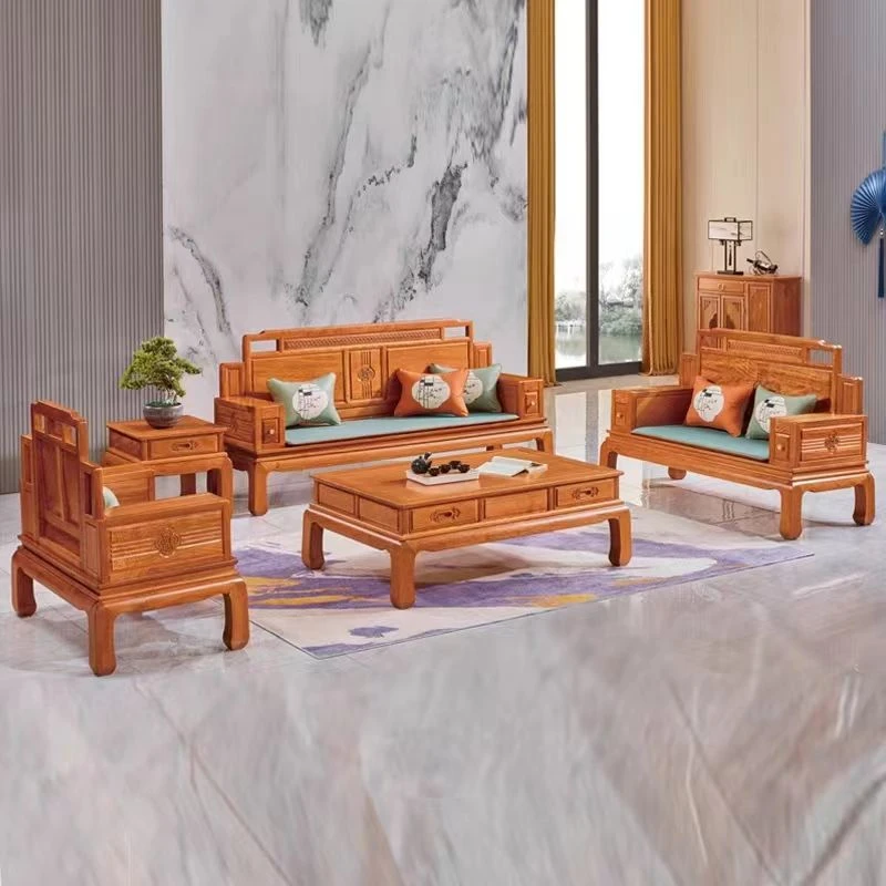 全实木沙发组合金花L木新中式古典雕花大户型实木客厅家用家具