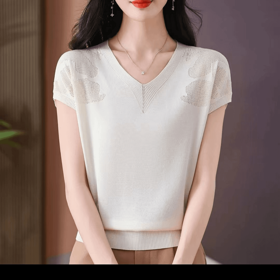 699短袖女2024新款夏季V领宽松显瘦冰丝妈妈夏装体恤镂空气质上衣