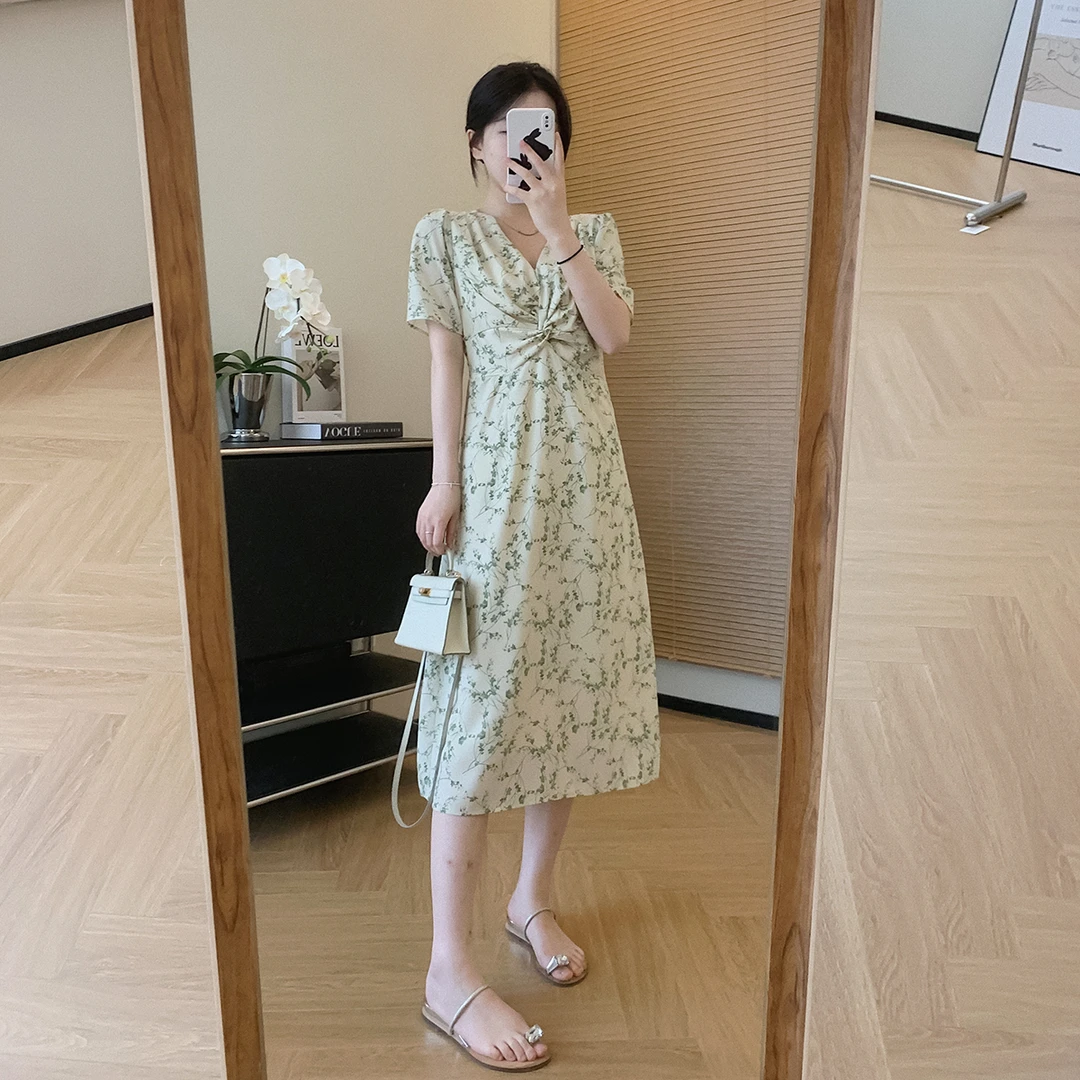 大叮自制 清仓！气质雪纺V领藤蔓印花短袖长款连衣裙 L563