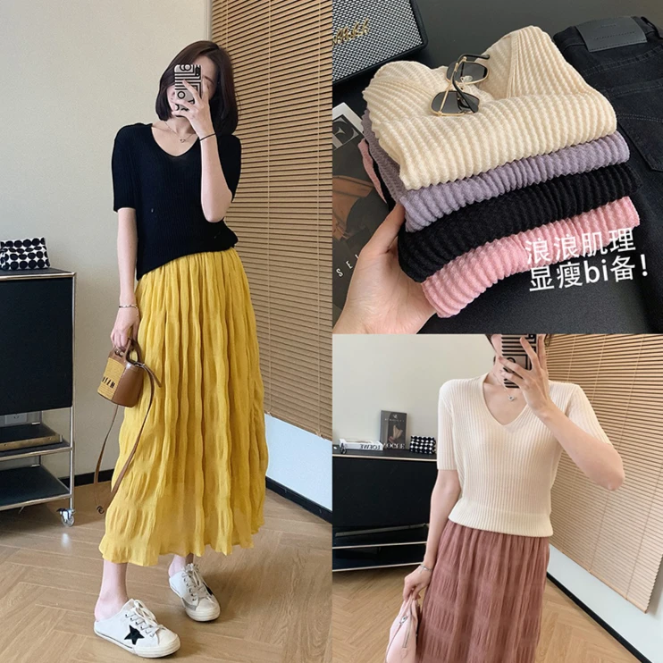 大叮自制 清仓！莱赛尔浪浪边肌理感V领气质百搭T恤！ S3978