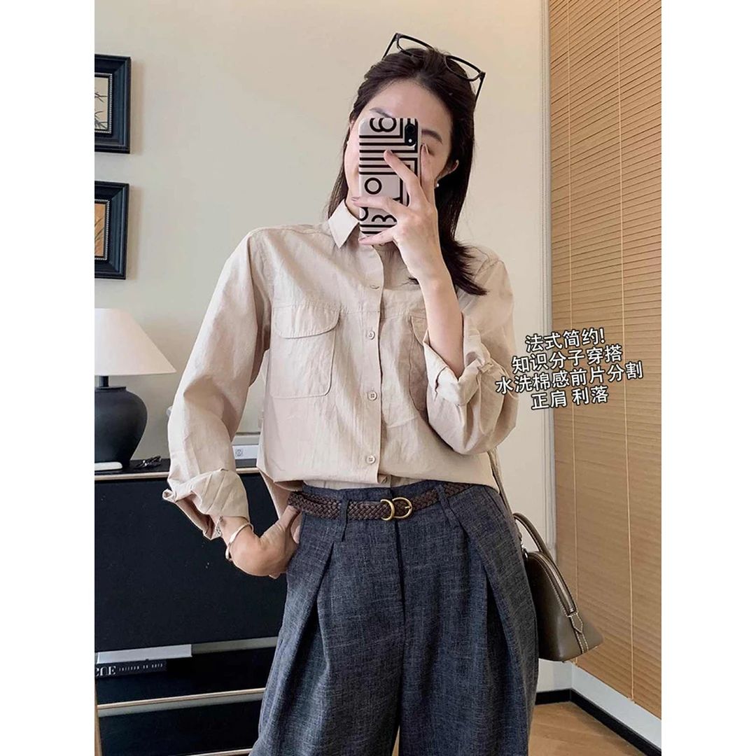 大叮自制清仓【限量款】法式棉感前片分割翻盖双口袋休闲衬衫！S5382