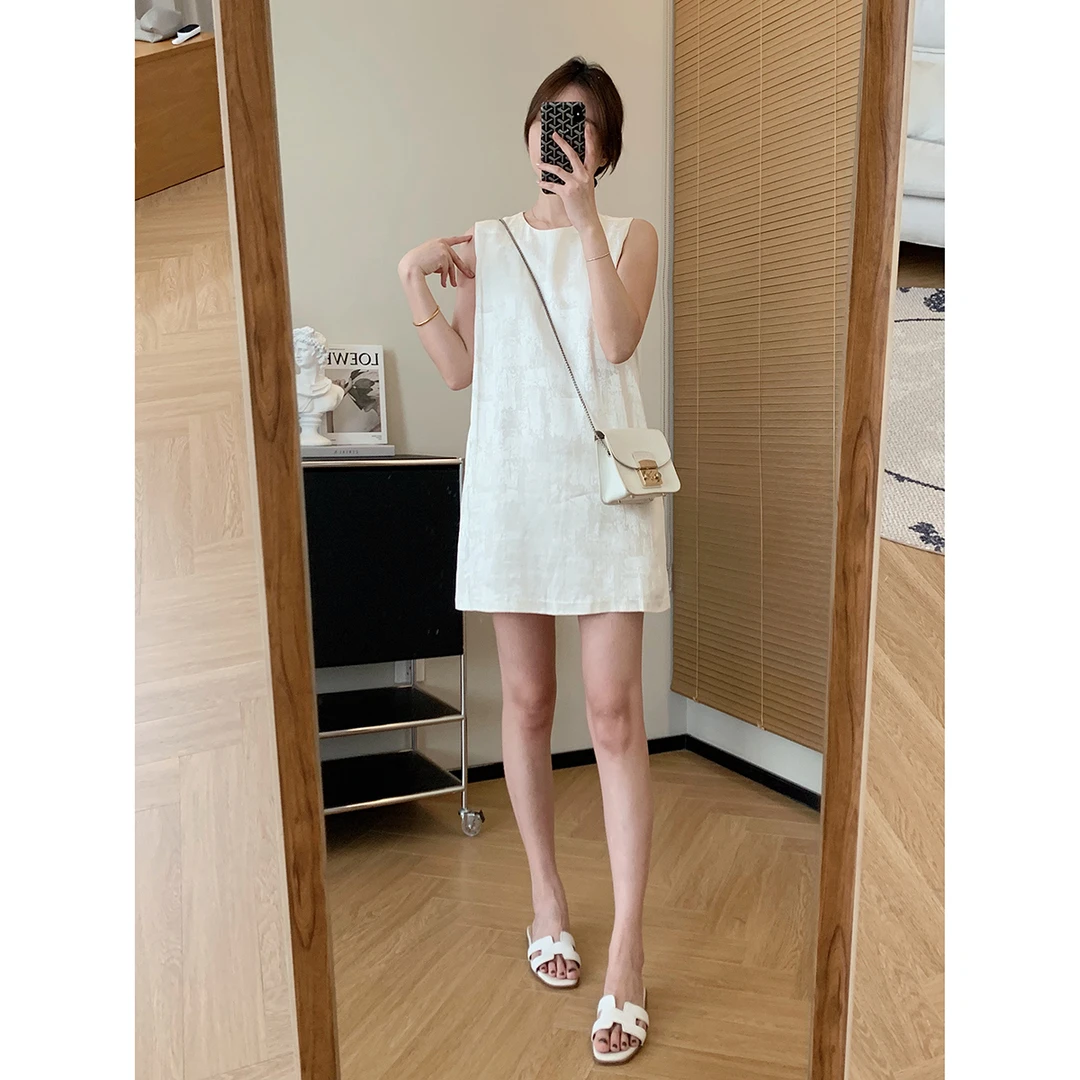 大叮自制清仓！【东方美学】人丝亚麻暗纹提花无袖背心连衣裙！L683