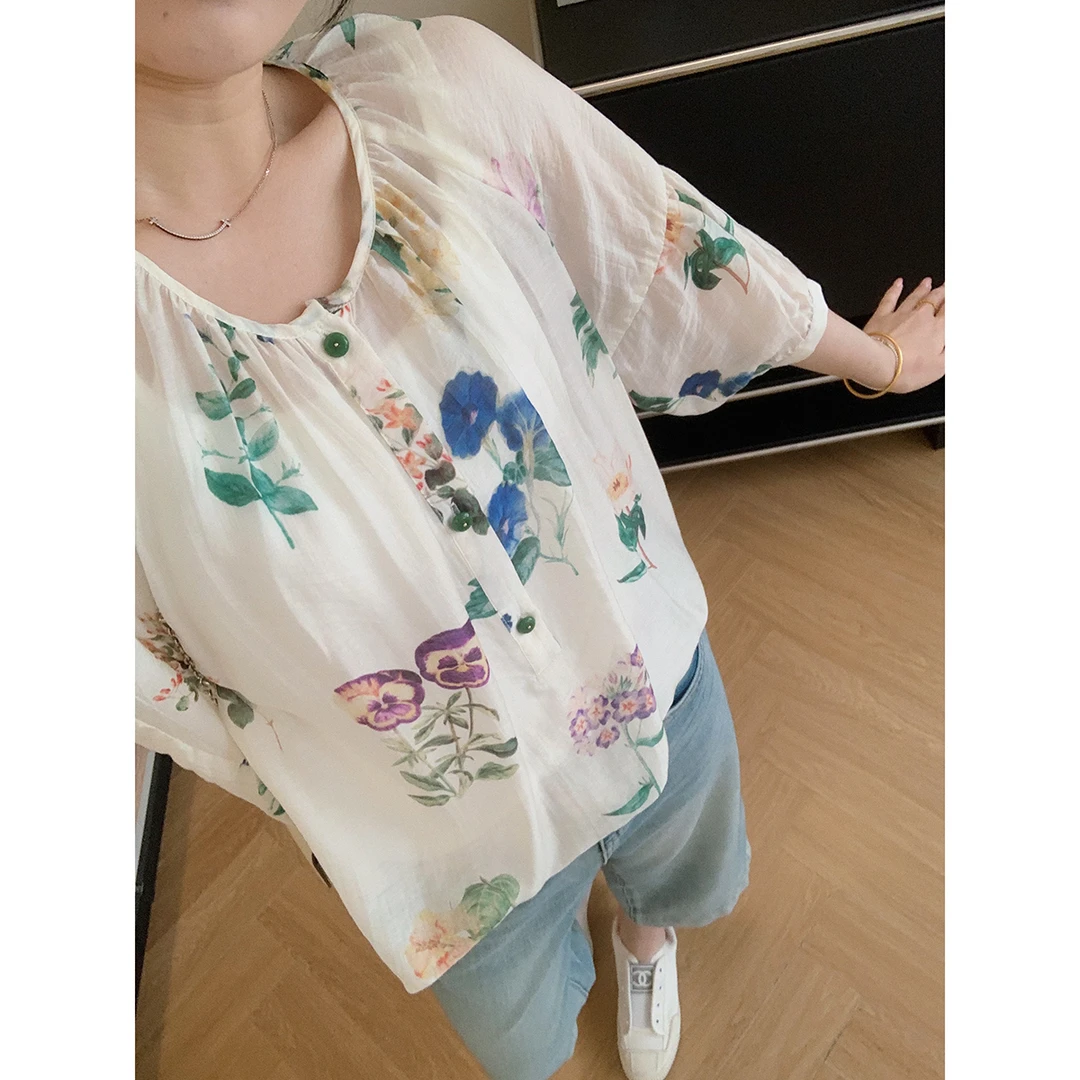 大叮自制清仓！【盛夏自然系】夏季花卉数码印花度假风V领小衫！S5038