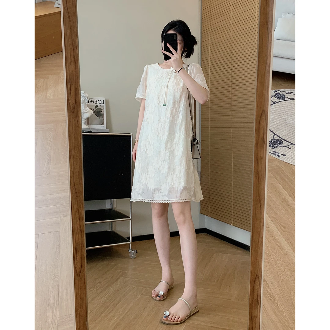 大叮自制清仓【古韵白月光】夏季重工烫金烧花蕾丝拼接连衣裙！L681