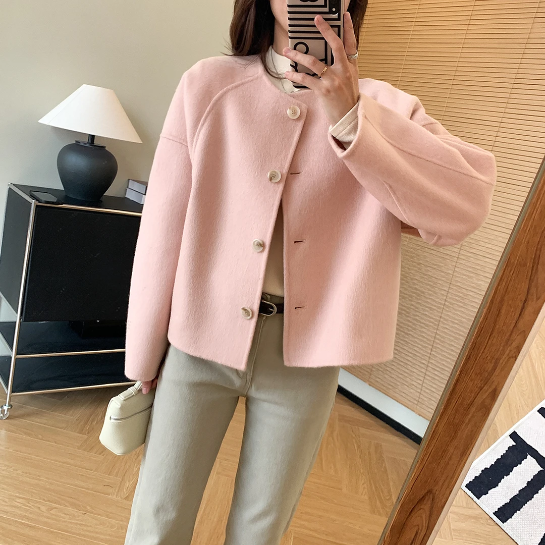 大叮自制  清仓！韩版气质圆领小个子双面呢大衣 S4559