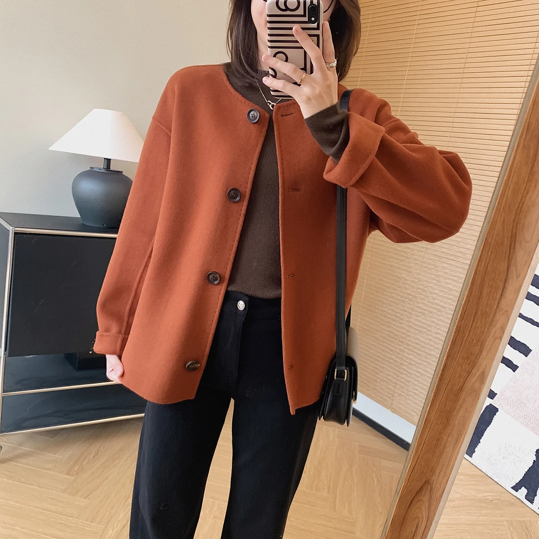 大叮自制 美拉德大衣！韩版秋冬圆领细羊毛双面呢短款大衣 S4529