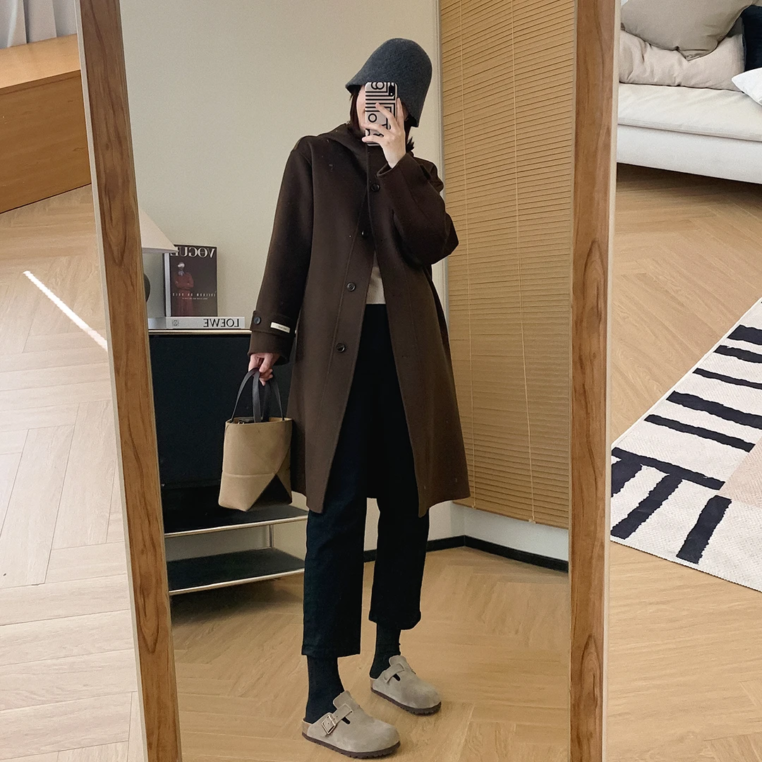 大叮自制 清仓！高支澳毛手工双面呢连帽毛呢大衣外套 S4605