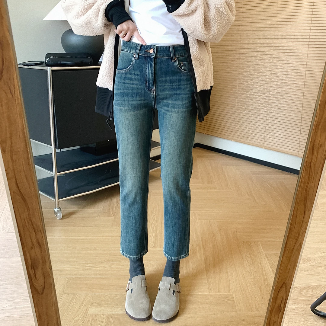 大叮自制  清仓！高腰四面弹小直筒复古高腰牛仔裤 K1470