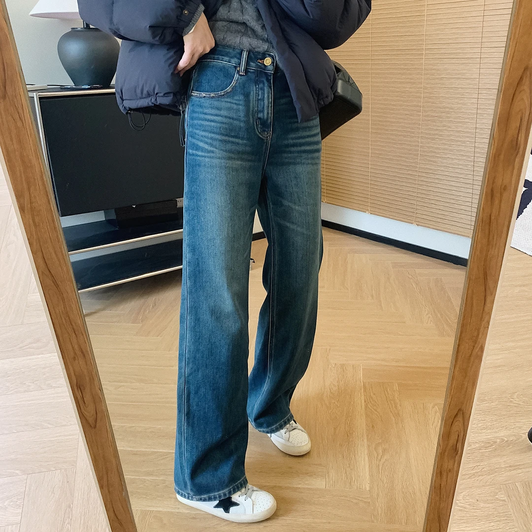 大叮自制  清仓！四缝线植绒窄版高腰显瘦阔腿牛仔裤 K1497