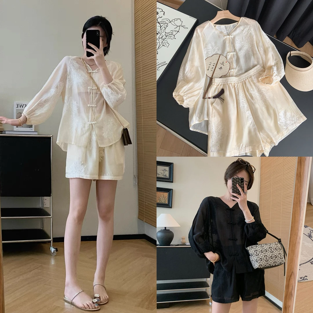 大叮自制【反季福利款】轻国风天丝亚麻绣花衬衫短裤套装！S5002