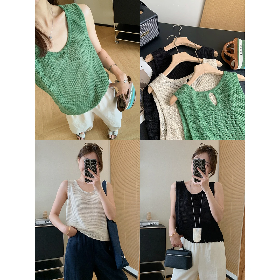 大叮自制【小禾背心】天si亚麻手勾花边无袖轻薄针织小衫！S5178