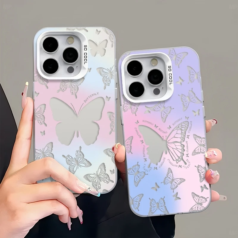 镂空蝴蝶001手机壳适用苹果华为小米OPPO支架网红新款彩银壳潮男