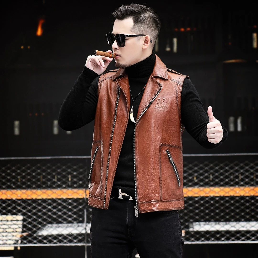 2024春秋头层牛皮马甲男真皮皮衣机车马甲男士潮油蜡牛皮皮衣马甲