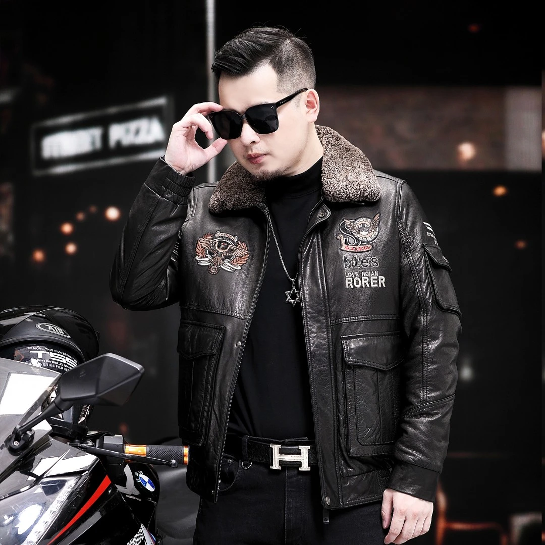 2024海宁新款油蜡皮衣男修身绵羊皮男士飞行服机车款夹克真皮外套