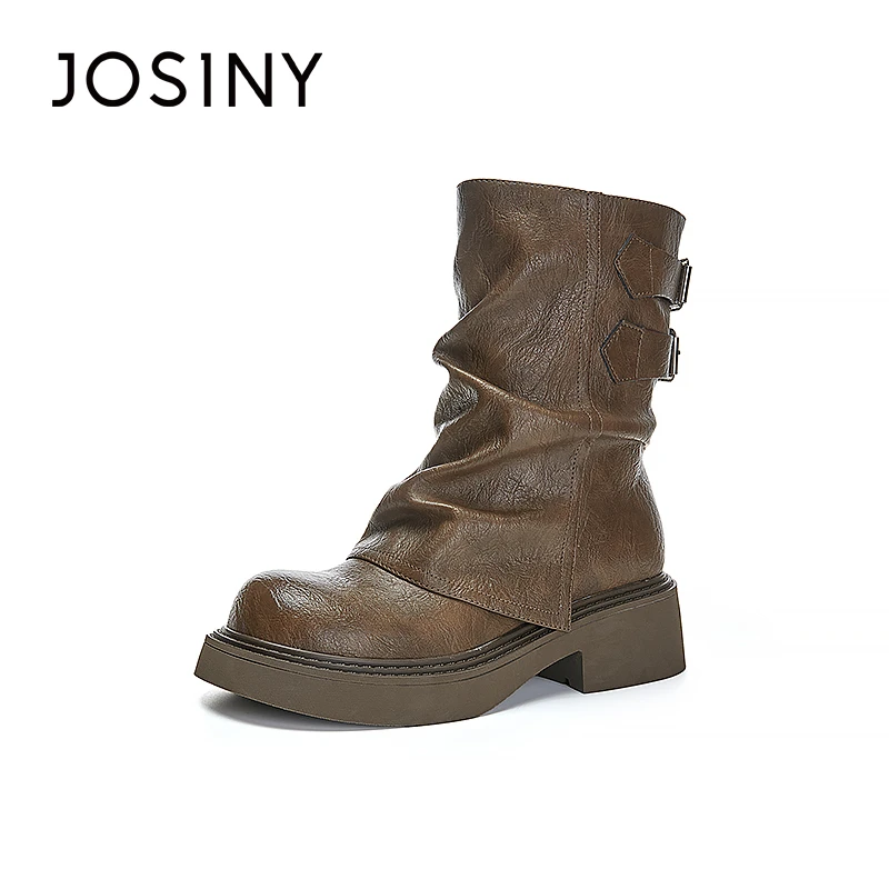 卓诗尼时尚复古百搭女鞋秋季新款英伦风厚底粗跟堆堆圆头时装靴