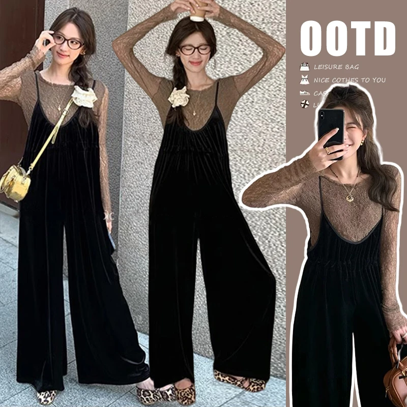 孕妇背带裤2024洋气时尚孕妇装蕾丝上衣显瘦金丝绒背带裤千金感