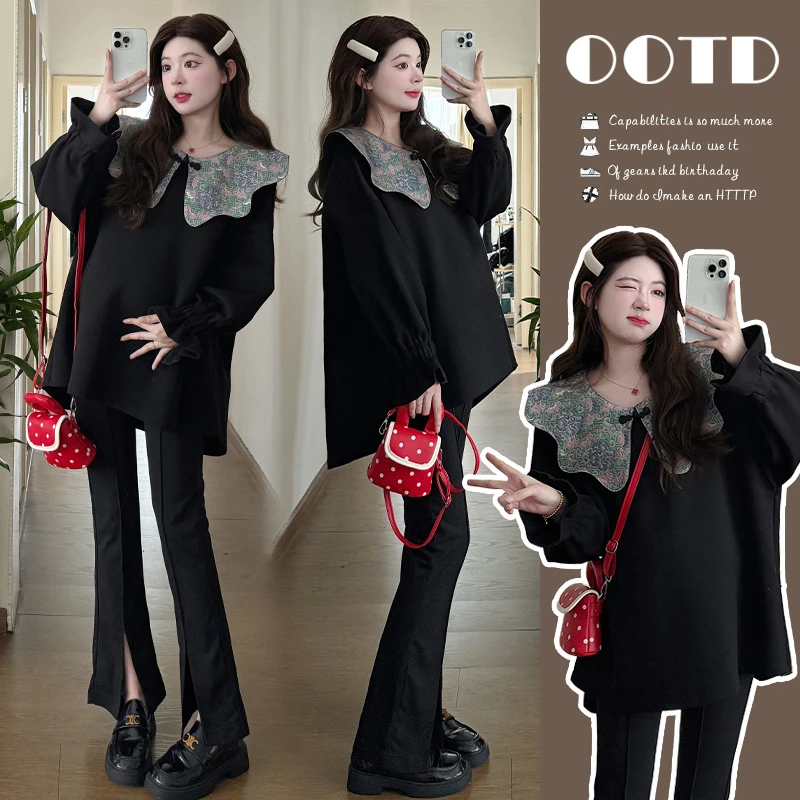 孕妇装2024秋装韩版时尚中国风设计娃娃领宽松加厚上衣托腹开叉裤