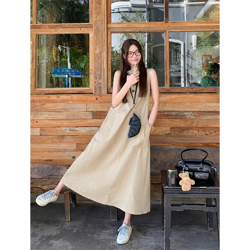 夏季孕妇装卡其色背心连衣裙新款慵懒显瘦大裙摆宽松连衣裙工装裙