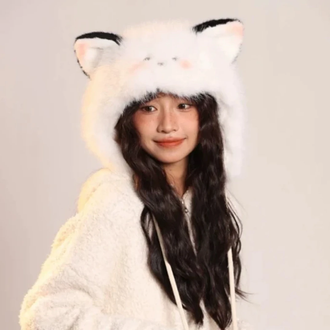 可爱小猫耳朵毛绒帽子女秋冬季显脸小保暖加厚加绒防风护耳雷锋帽
