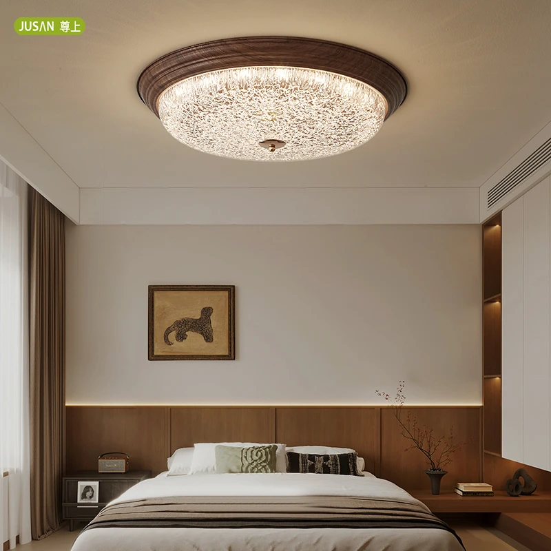 中古风卧室灯中式吸顶灯复古美式胡桃色木纹高级感主卧书房阳台灯