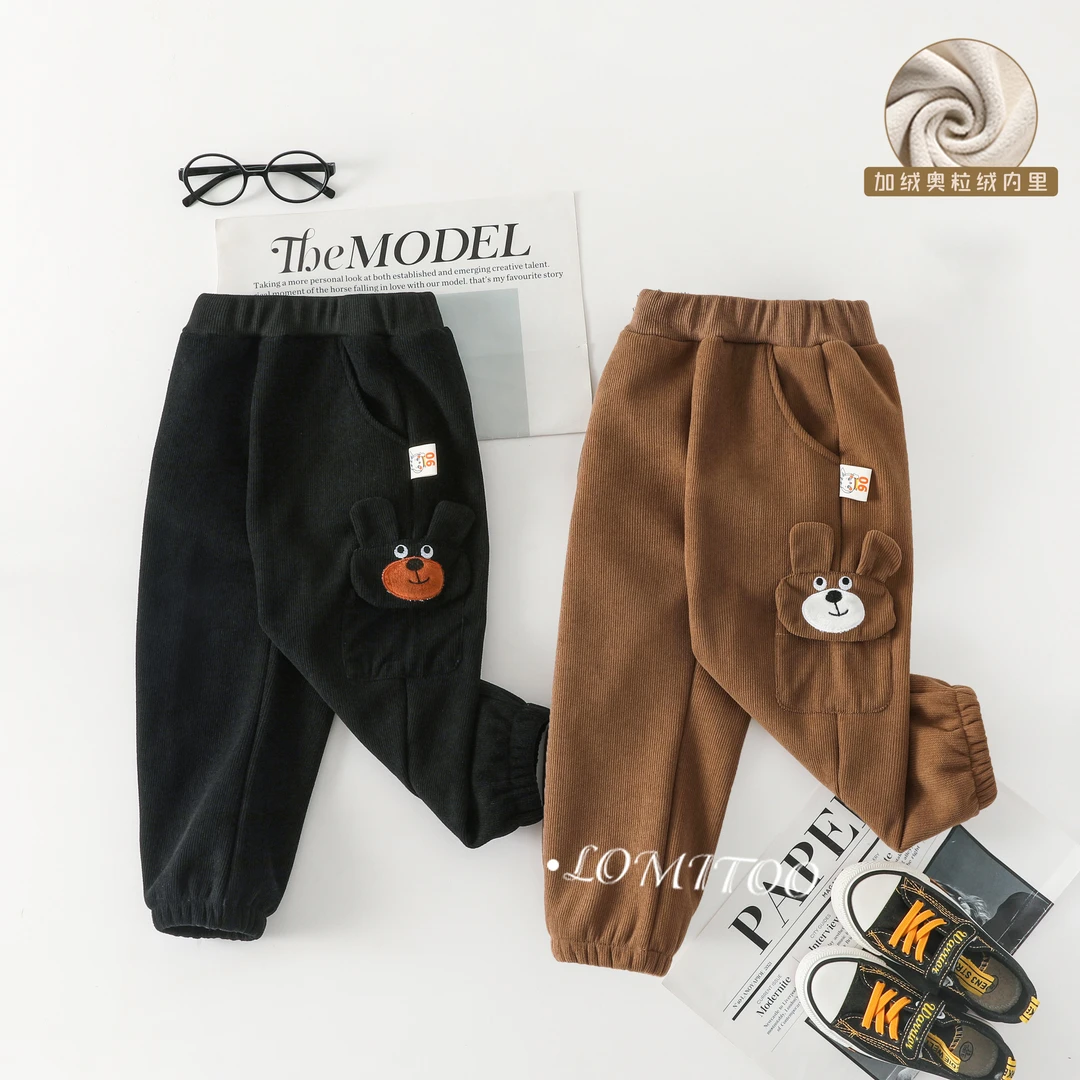 lomitoo/洛米兔2025冬季新款条纹侧边绣花熊儿童加绒卫裤8059