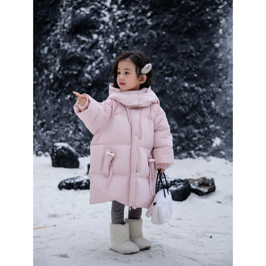 【年货大促】现货冬季女童加厚羽绒服韩系中长款外套洋气连帽