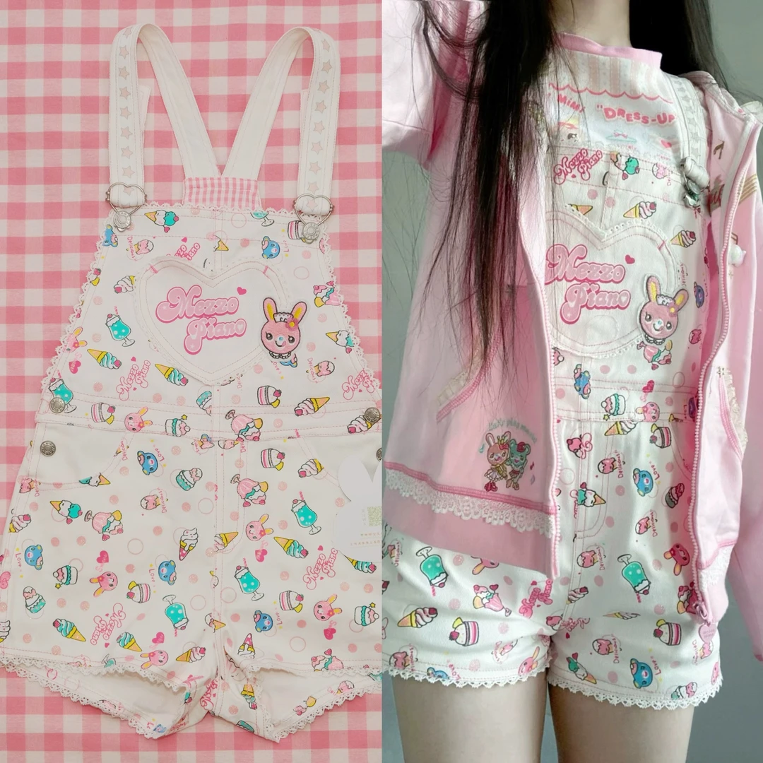 日系y2k可爱背带裤短裤呐咔呐咿印花甜妹俏皮少女款女儿服多巴胺