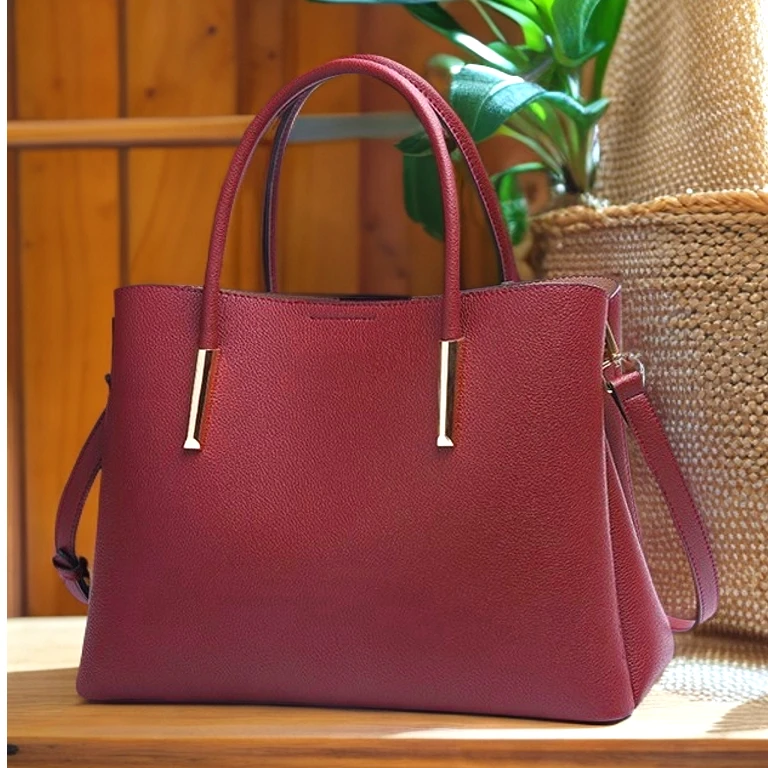 酒红色结婚用真皮女包高档大气手提包牛皮单肩斜跨妈妈包轻奢大包