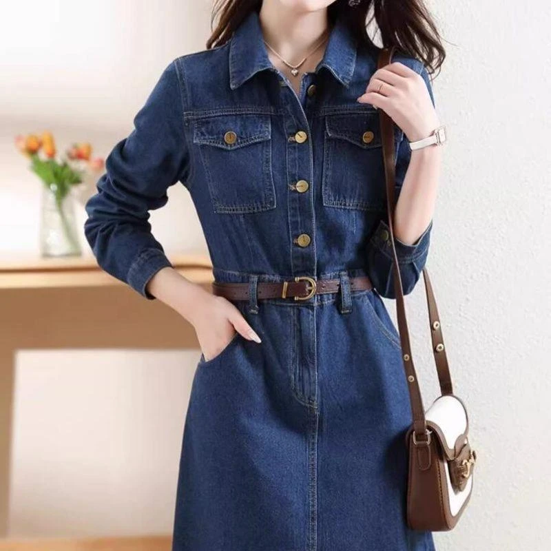 牛仔连衣裙女中长款2025春秋季新款韩版宽松大码休闲a字收腰裙子