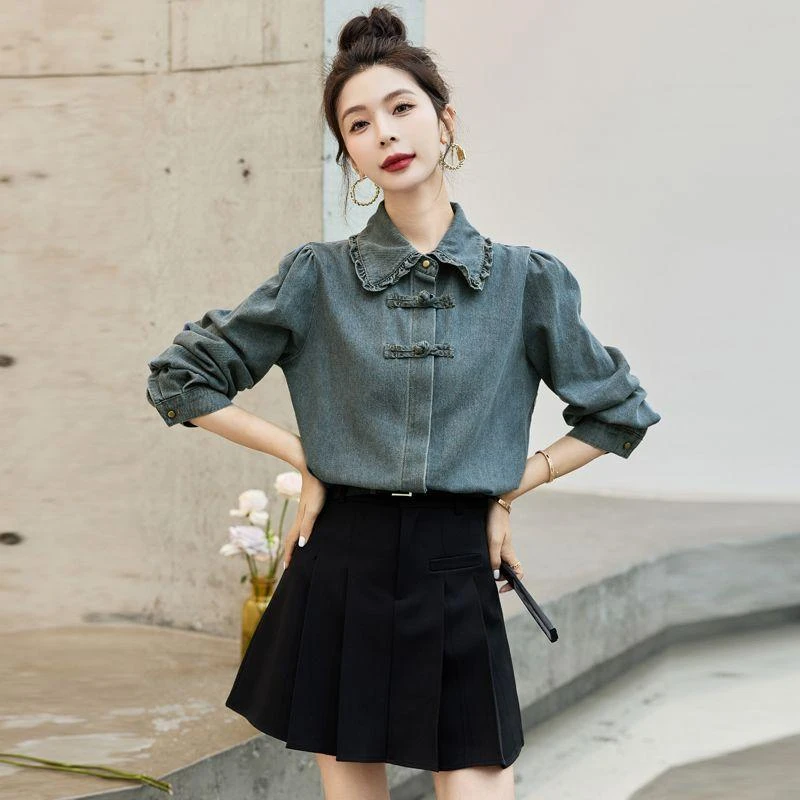 2024春秋季新款时尚娃娃领百搭复古盘扣中国风牛仔衬衫女短款衬衣