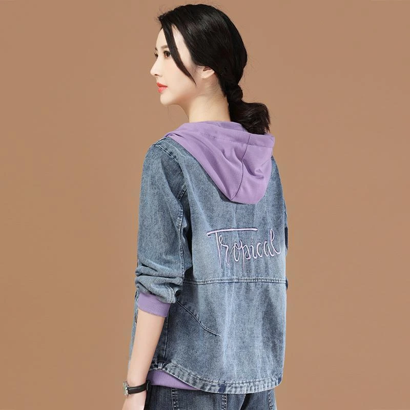 连帽长袖刺绣拼接牛仔外套女款2025新款春秋季宽松棒球服短款上衣