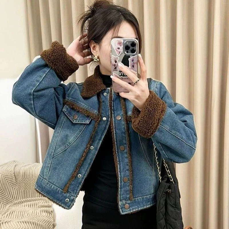 小香风牛仔棉衣短外套女冬季2025新款高级感复古加绒加厚保暖棉服