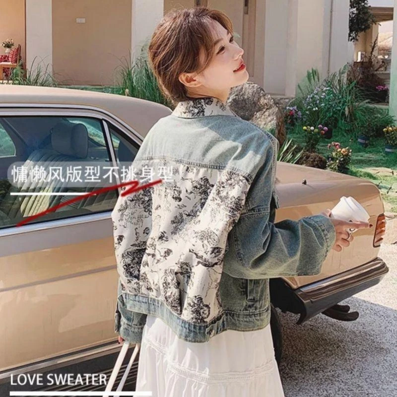 水墨画拼接新中式牛仔外套女春秋2025新款国风设计感宽松夹克上衣