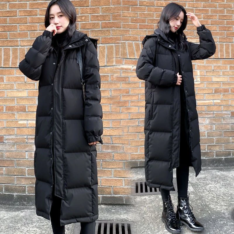 大码连帽宽松中长款加绒保暖韩版秋冬黑色羽绒服情侣中长款加厚