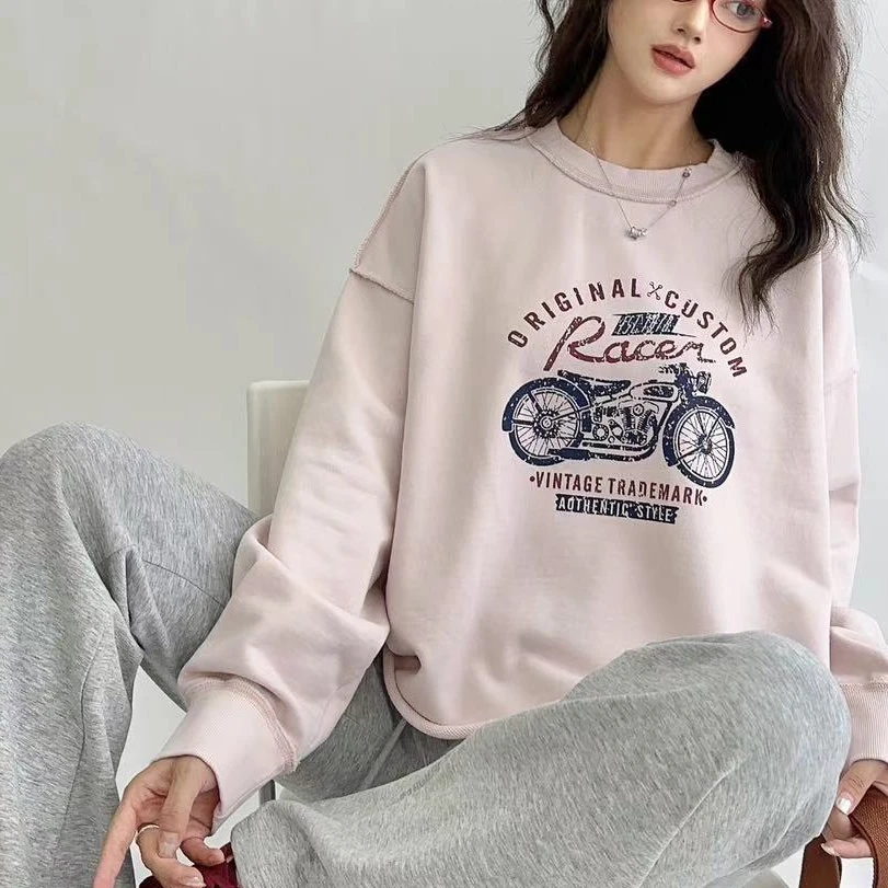 【秋季上新】女士摩托车印花圆领卫衣5085