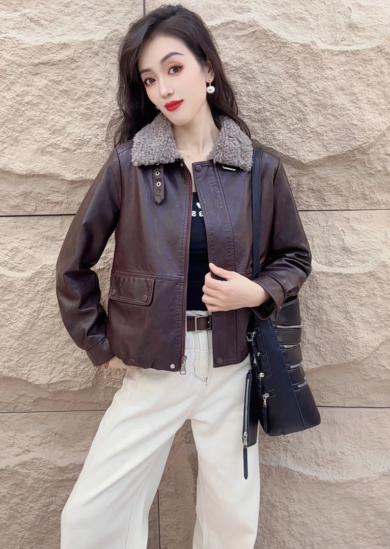 【加绒保暖】大毛领2024秋冬加绒加厚新款时尚气质皮衣外套女