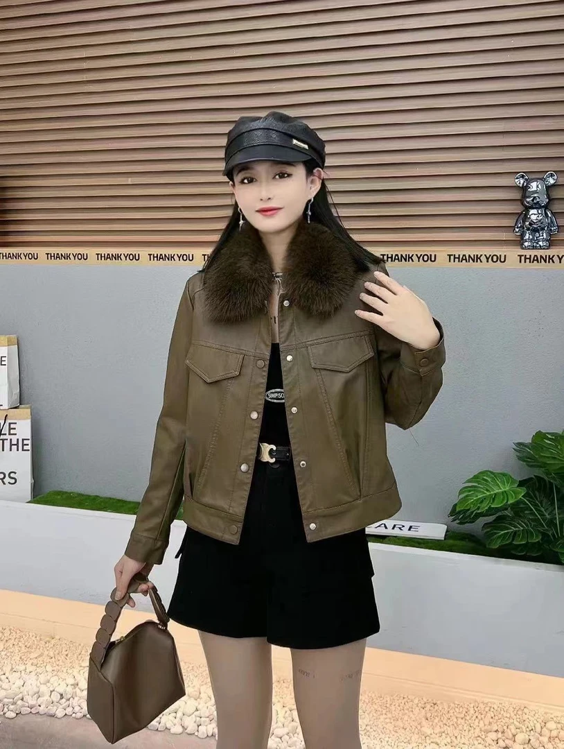 2023新款秋冬新款短款时尚加绒女士皮衣外套女-2370