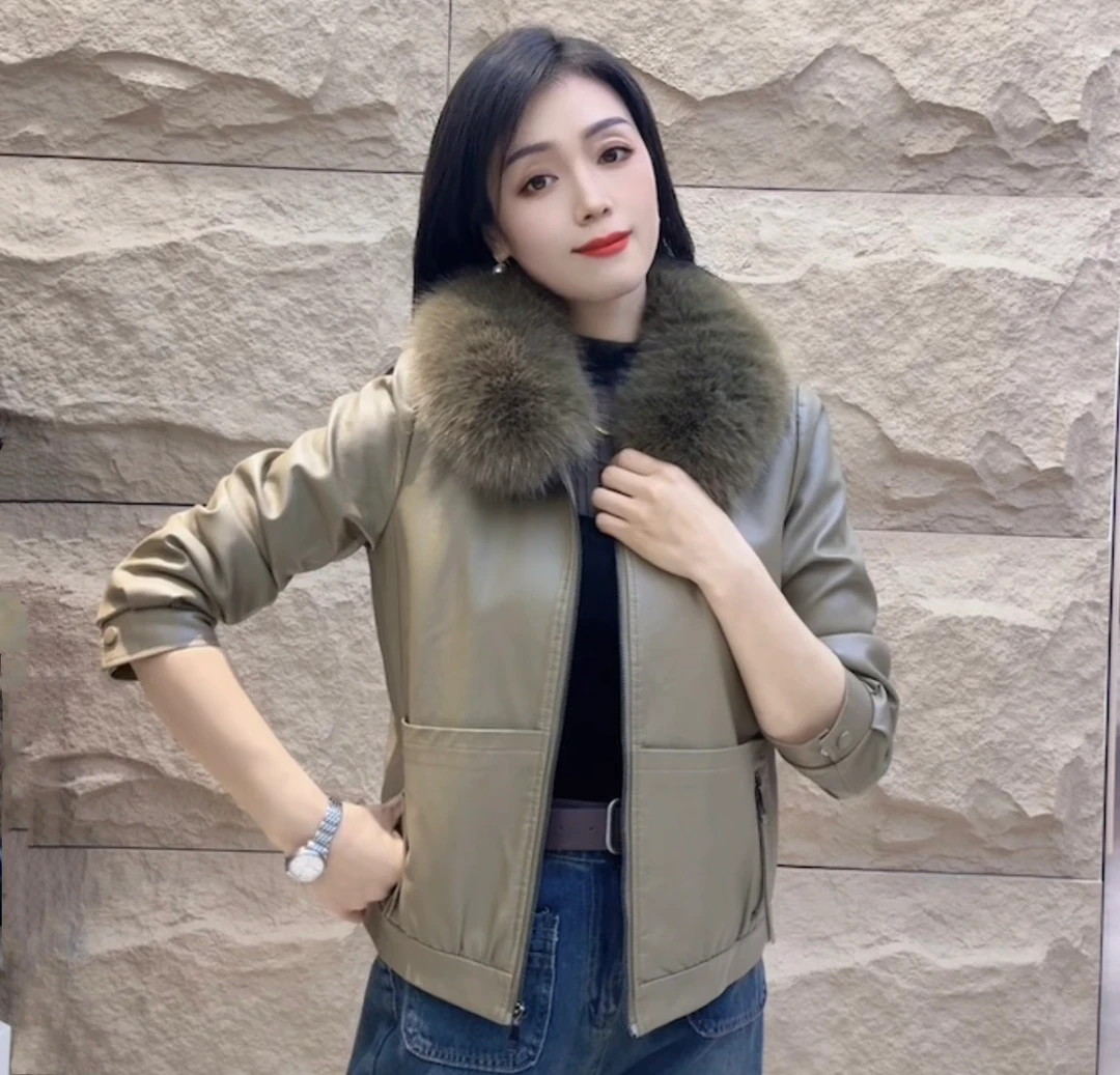 2023秋冬新款时尚休闲加绒加厚拉链皮衣外套女-2367