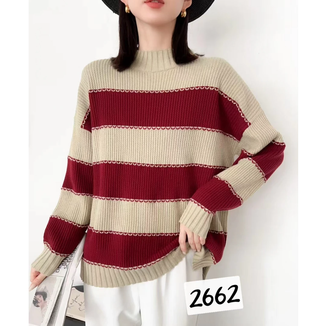 2024冬季爆款条纹加厚保暖半高领针织衫女洋气百搭宽松显瘦打底衫