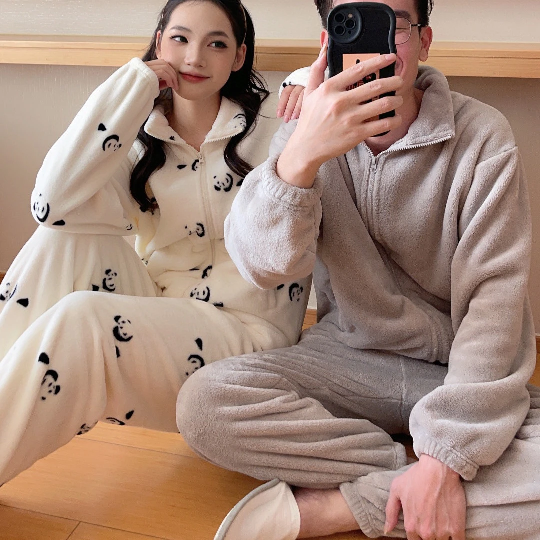 【咩咩专属】情侣款印花睡衣男女家居服可出门熊猫绒加厚加绒套装