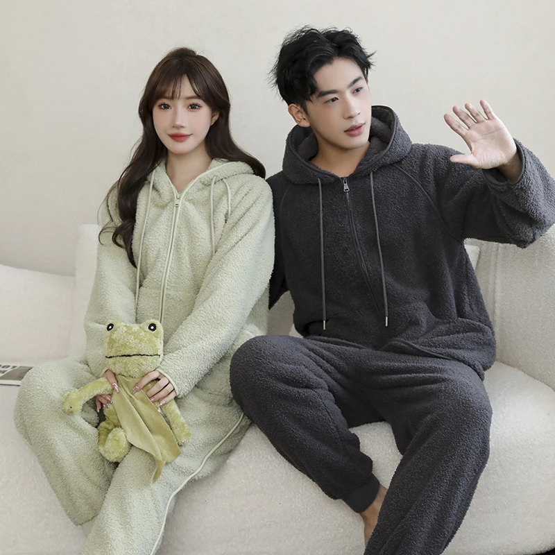 秋冬云朵绒加绒加厚睡衣男女情侣款秋冬保暖家居服套装