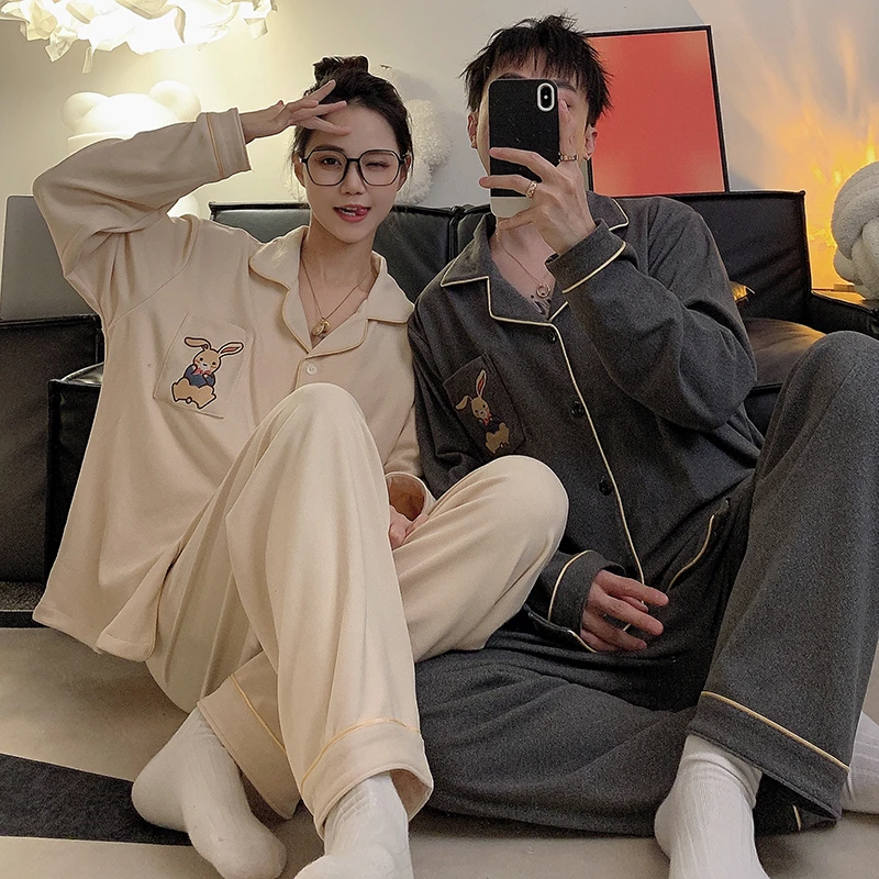 德绒情侣睡衣春秋冬简约翻领刺绣兔子口袋一男一女保暖家居服套装