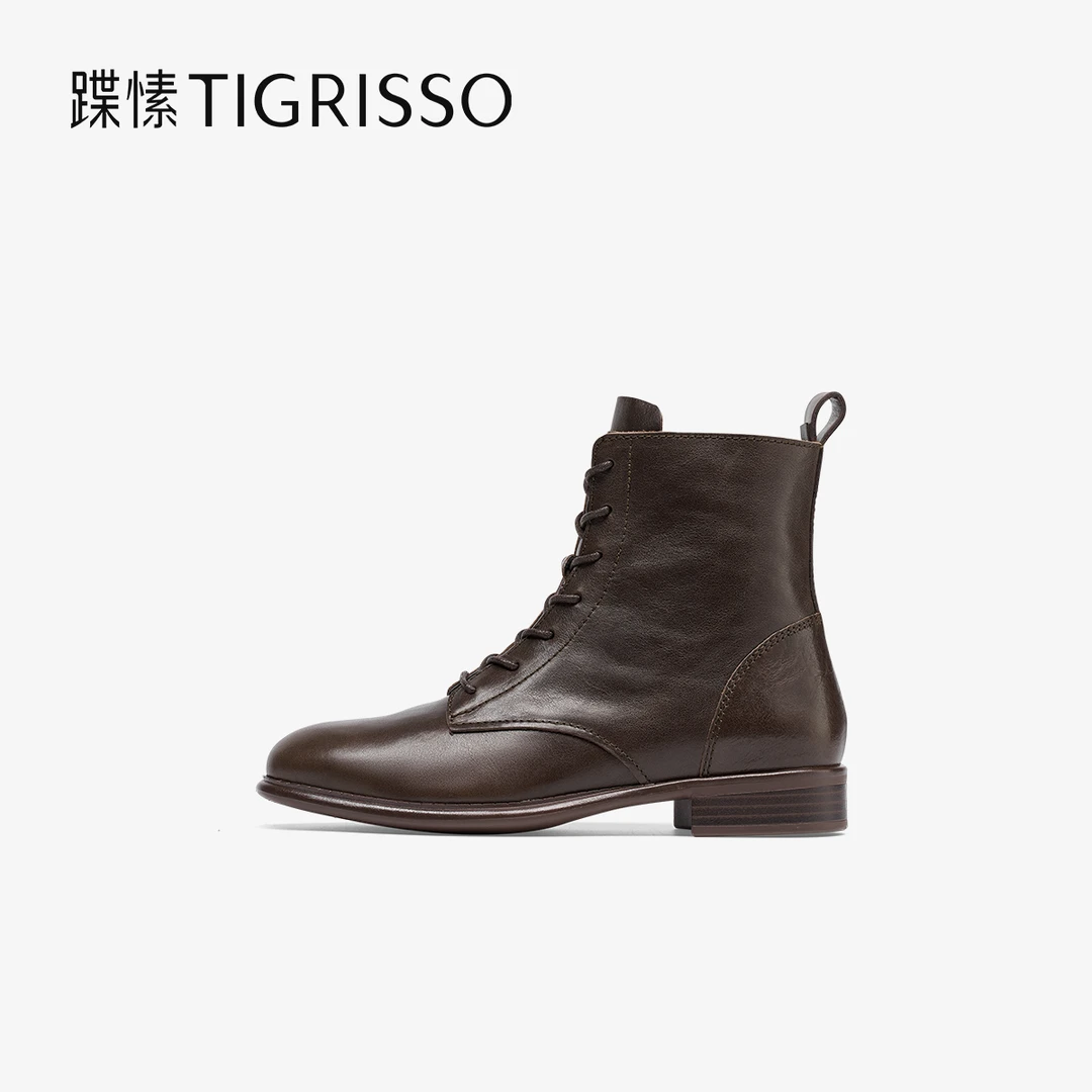 蹀愫秋季新款平底真皮英伦风马丁靴系带WP粗跟时髦女靴TA54726-51