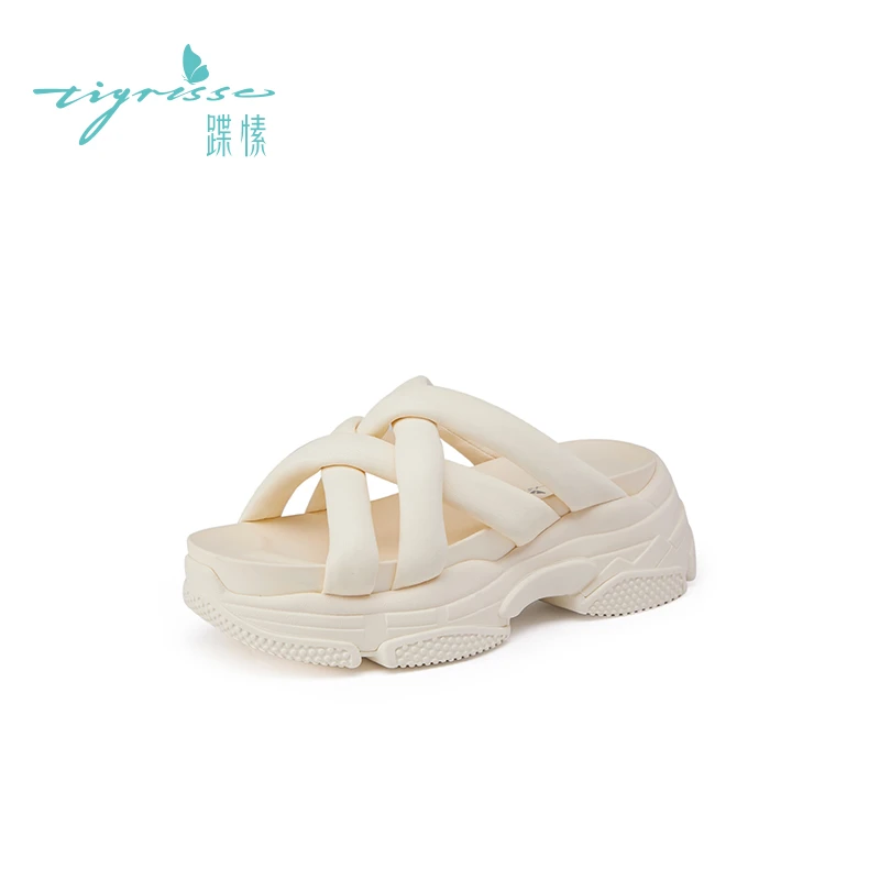 蹀愫松糕厚底增高真皮软面拖鞋潮流面包拖女TA21399-50