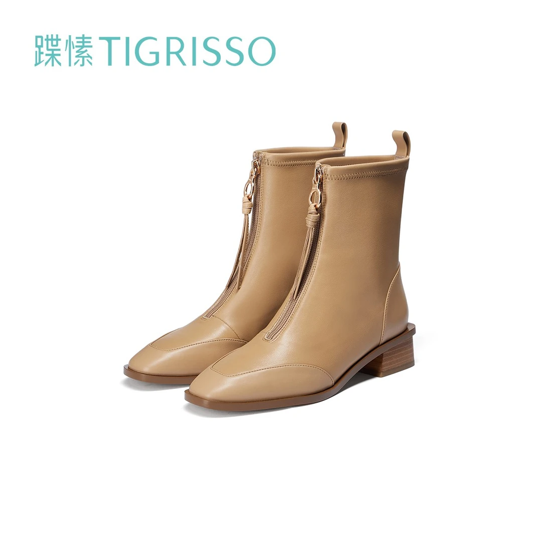 蹀愫秋冬尖头弹力瘦瘦靴鬼帝靴前拉链时尚软面百搭短靴TA32714-15