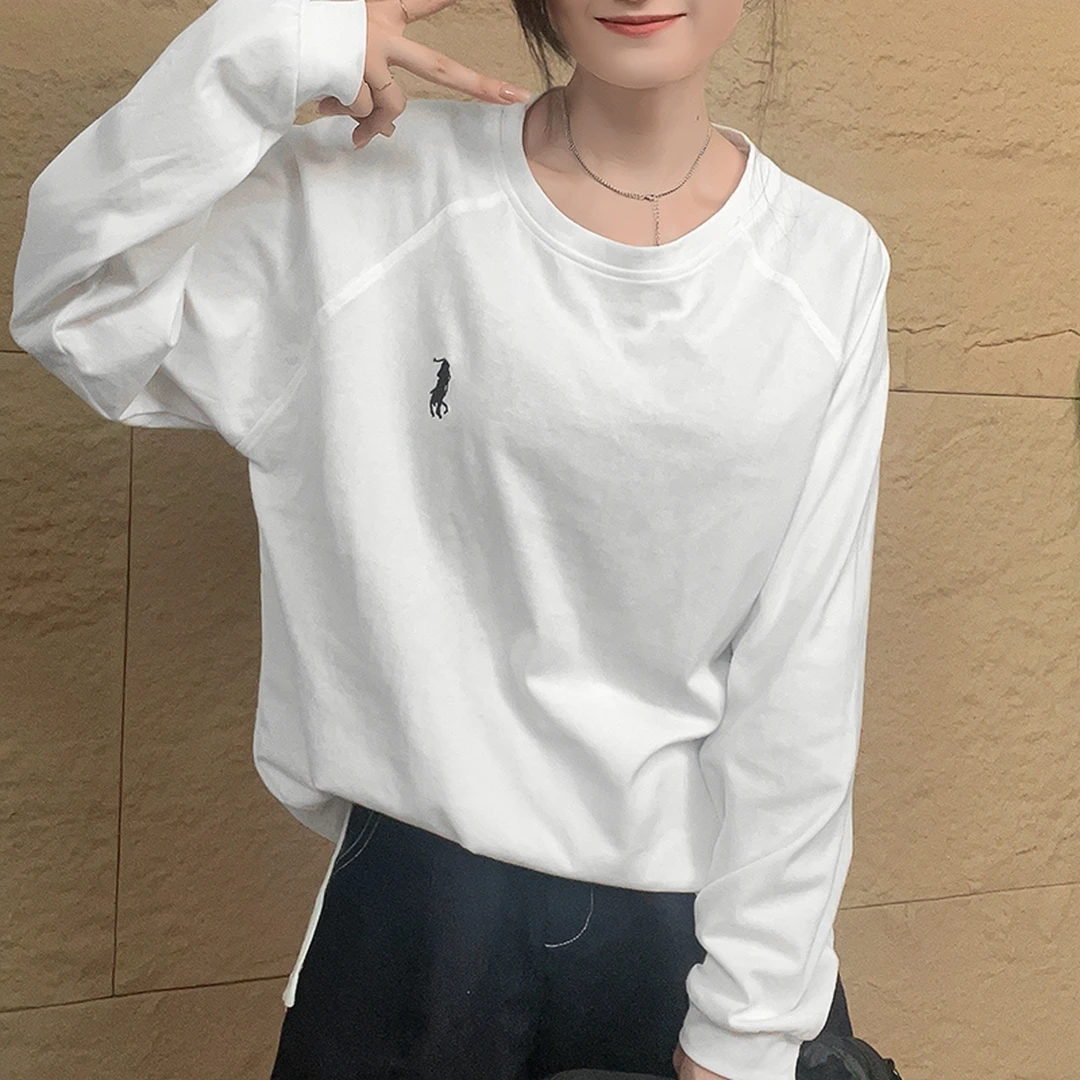 白色刺绣长袖T恤女2024早秋新款圆领宽松休闲百搭上衣内搭打底衫
