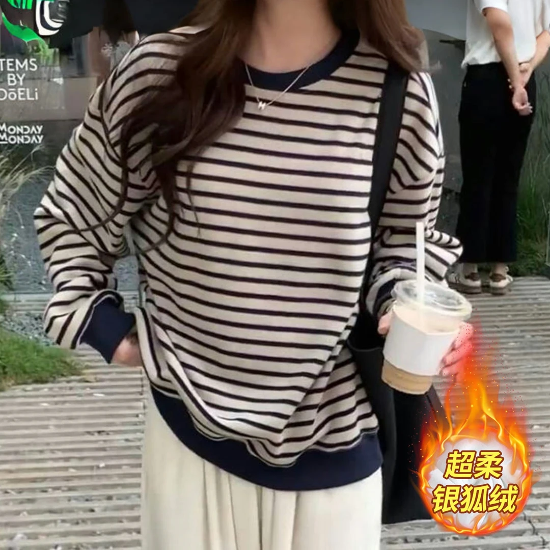 复古港味条纹圆领卫衣女秋冬加绒宽松学院风休闲百搭长袖上衣外套